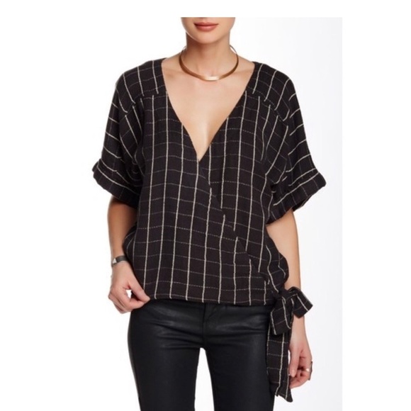 Free People Made In The Shade Linen Wrap Top black white plaid large blouse soft - Picture 3 of 15